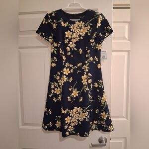 Jessica Howard Knit Flared Dress Navy Blue Floral Pattern Size 8P NWT